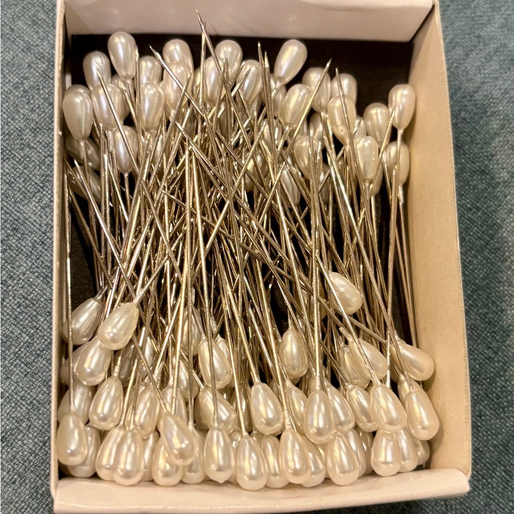 2” White Pear-Shaped Faux Pearl Head Corsage Pins.  140 count in Original Box